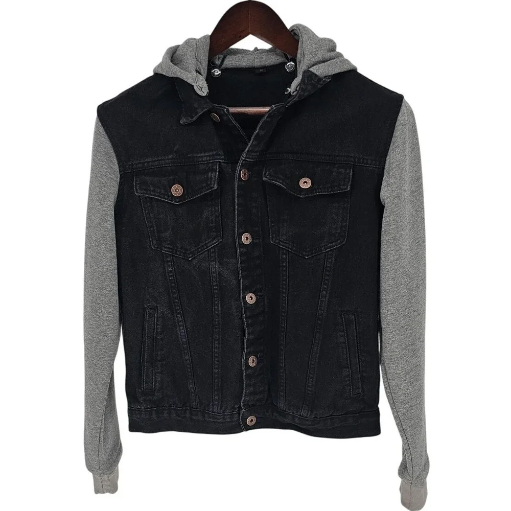 Maximos USA by R&B Denim Jacket Mens‎ Black Trucker Jean Jacket Detachable Hood